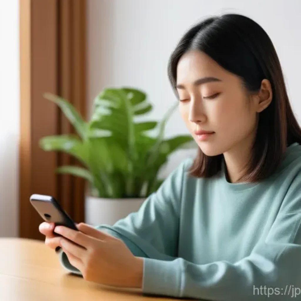 정보 다이어트법을 위한 일주일 계획 - **Initial Digital Detox Realization**
A serene, candid portrait of a Japanese woman in her late ...