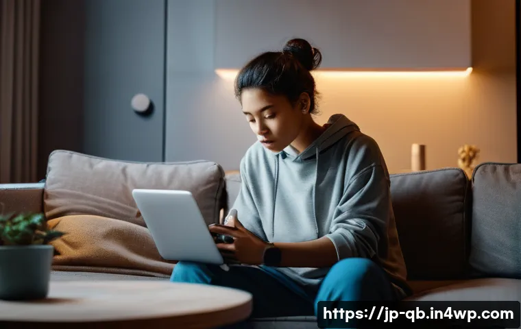 디지털 Detox와 정보 다이어트법 - Overwhelmed by the Digital Flood**

A young adult (gender-neutral, 20s-30s) sits hunched on a sofa i...