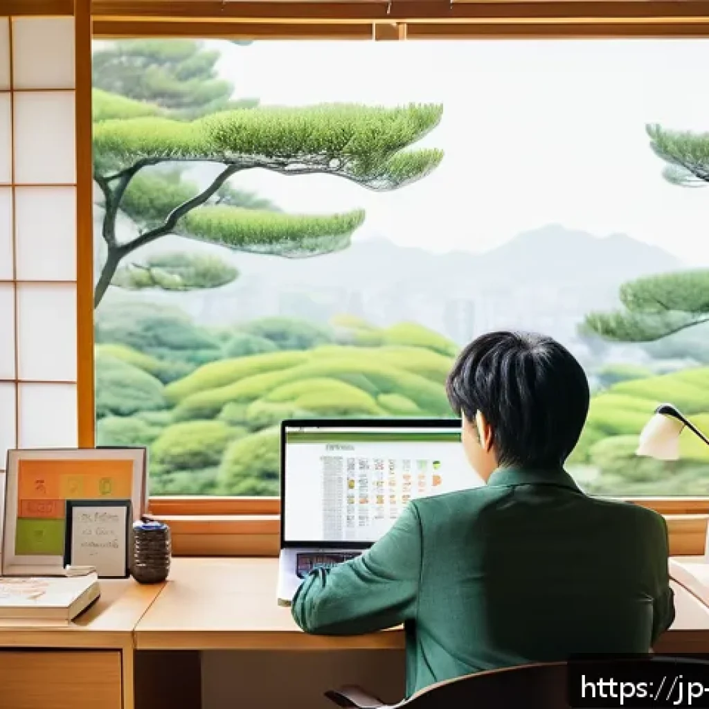 정보 다이어트법을 적용한 블로그 운영 - A modern Japanese blogger sitting at a sleek desk in a bright, minimalist home office, using a lapto...