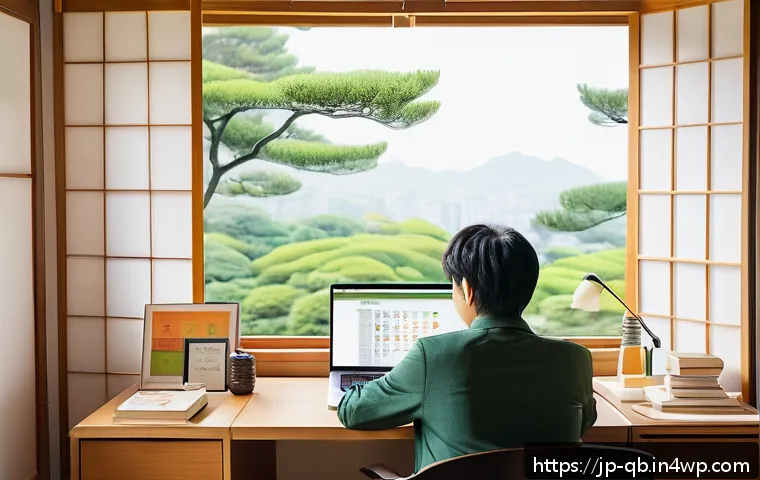 정보 다이어트법을 적용한 블로그 운영 - A modern Japanese blogger sitting at a sleek desk in a bright, minimalist home office, using a lapto...