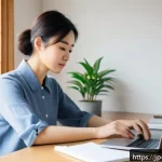 정보 다이어트법과 변화를 위한 동기 - A modern Japanese home office scene with a young professional woman sitting at a tidy desk, using a ...