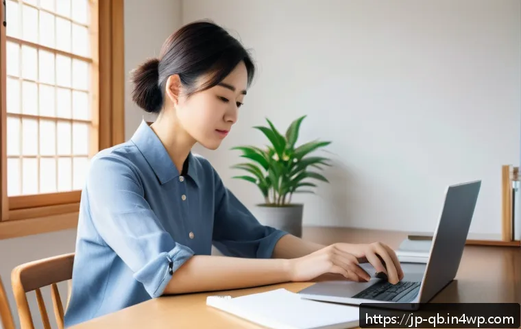 정보 다이어트법과 변화를 위한 동기 - A modern Japanese home office scene with a young professional woman sitting at a tidy desk, using a ...