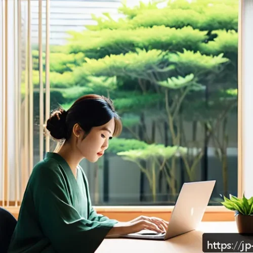 정보 다이어트법과 자기 개발 - A modern Japanese home office scene with a young Japanese woman in casual contemporary clothing focu...