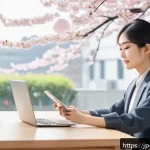 정보 다이어트법으로 가벼운 마음 갖기 - A modern Japanese office scene featuring a young professional woman sitting calmly at her desk with ...