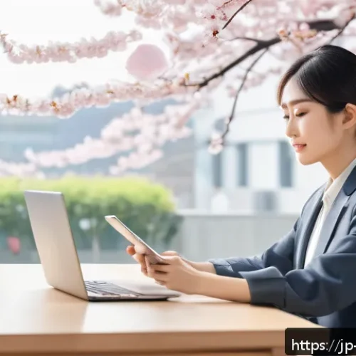 정보 다이어트법으로 가벼운 마음 갖기 - A modern Japanese office scene featuring a young professional woman sitting calmly at her desk with ...