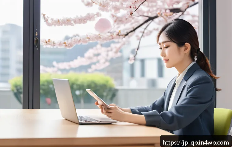 정보 다이어트법으로 가벼운 마음 갖기 - A modern Japanese office scene featuring a young professional woman sitting calmly at her desk with ...