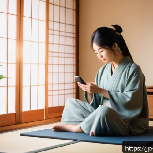 정보 과부하의 문제점과 해결책 - A serene Japanese-style bedroom at dusk, soft warm lighting, a young adult woman practicing digital ...