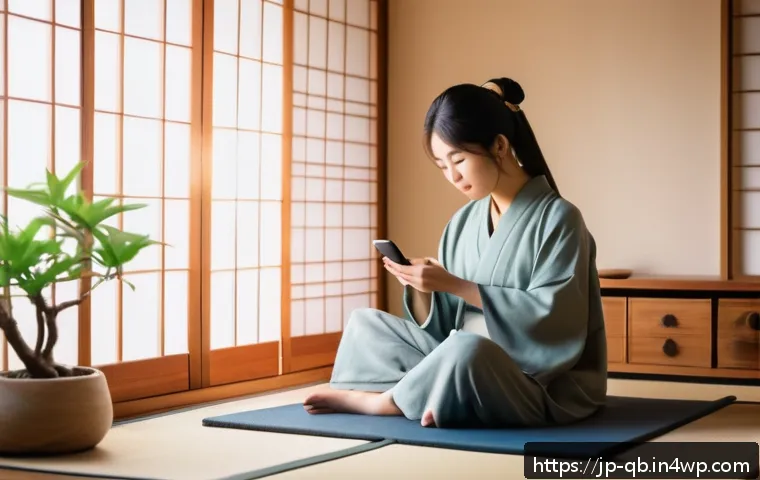 정보 과부하의 문제점과 해결책 - A serene Japanese-style bedroom at dusk, soft warm lighting, a young adult woman practicing digital ...