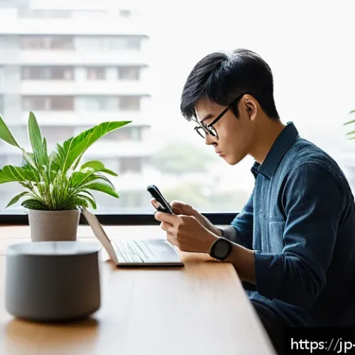 정보 다이어트법과 목표 달성을 위한 리프레시 - A modern Japanese home office scene in the morning, featuring a young Japanese man sitting at a clea...