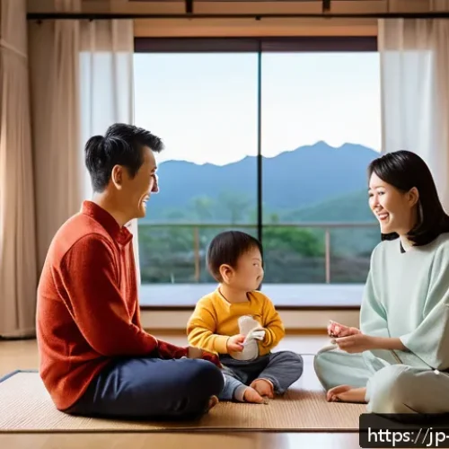 정보 다이어트법과 가족 관계 개선 - A modern Japanese family scene in a cozy living room during evening time, parents and two children s...