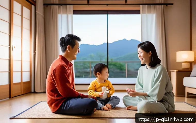 정보 다이어트법과 가족 관계 개선 - A modern Japanese family scene in a cozy living room during evening time, parents and two children s...