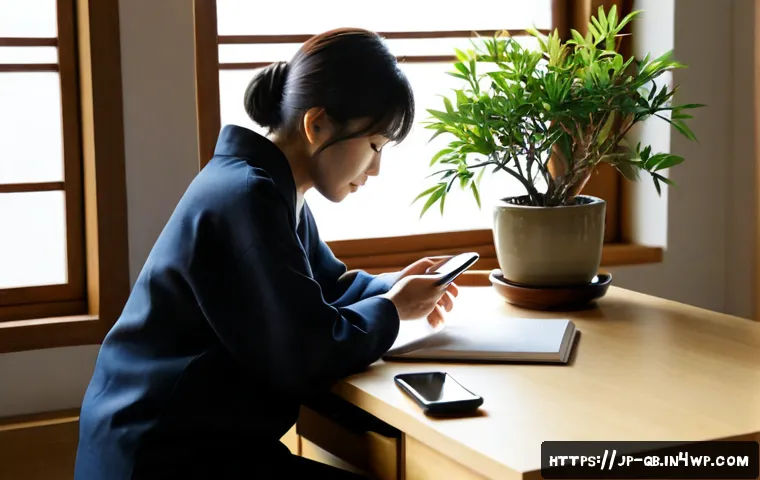 정신적 공간 만들기를 위한 정보 다이어트법 - Photorealistic Japanese home workspace in early morning, a calm middle-aged woman placing a smartpho...