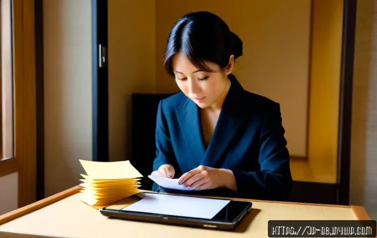 정보 다이어트법과 청중 참여 유도하기 - Photorealistic modern Japanese home office, a calm middle-aged Japanese woman thoughtfully sorting a...